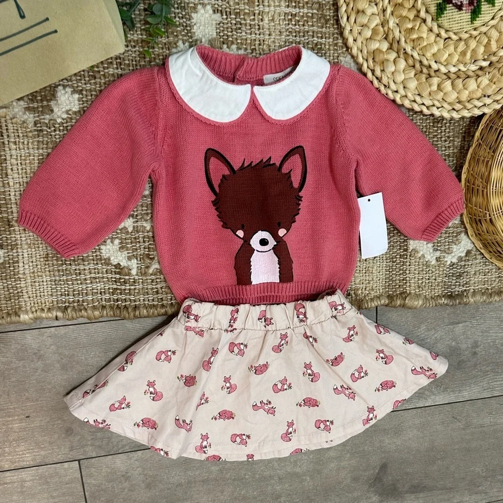 New Jaclyn Smith Baby Girl Pink Fox Sweater & Skirt Set Size 0-3 Months